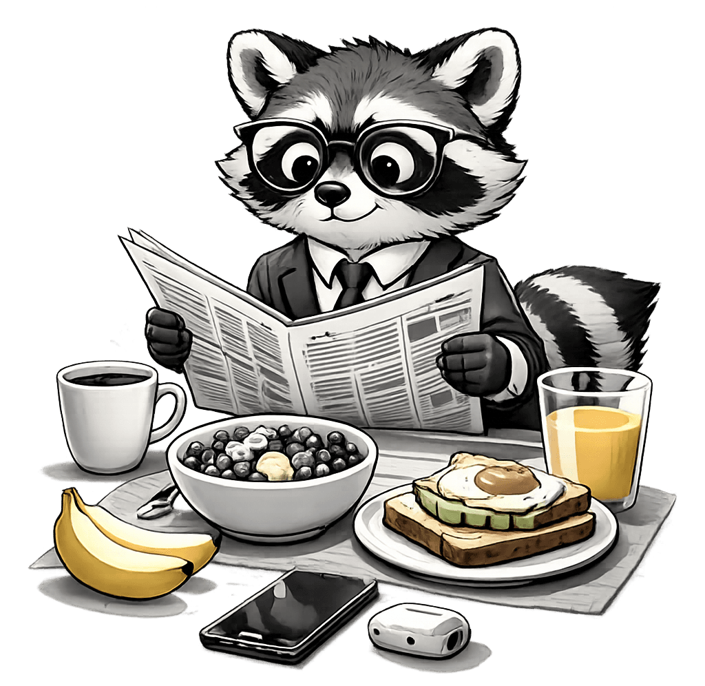 Reader mascot - a raccoon reading a newspaper